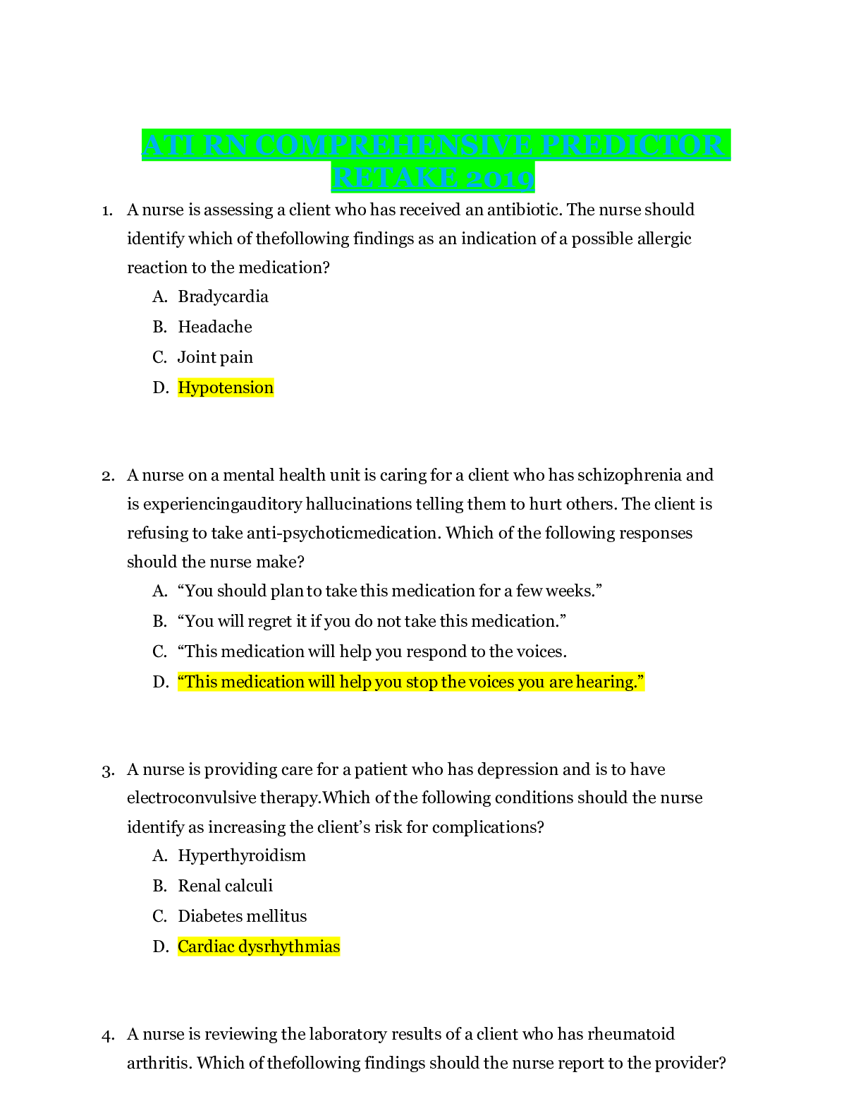 Preview image for ATI RN COMPREHENSIVE PREDICTOR EXAM 2019 CHAMBERLAIN COLLEGE